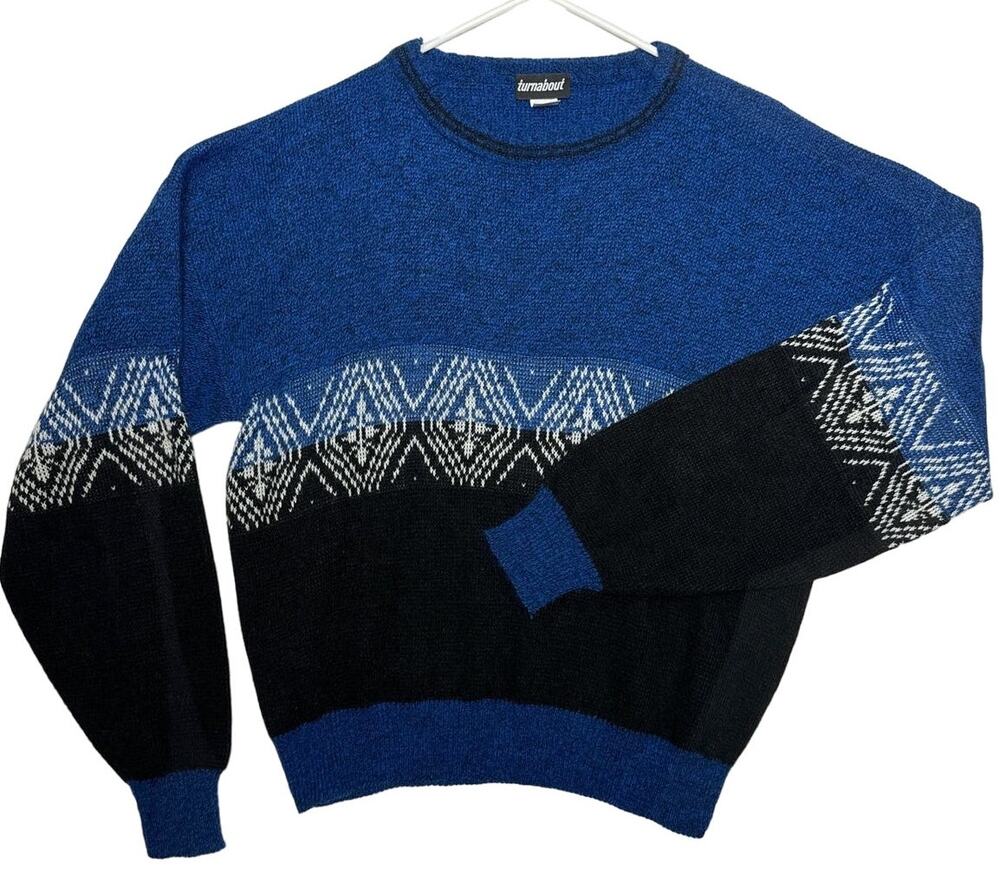 Vintage Y2K Turnabout crew neck multipattern sweater blue, black & white size XL